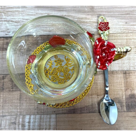 ARC Glass Mug Cup with Metal Red Roses & Butterfly and Spoon - Picture 4 of 8